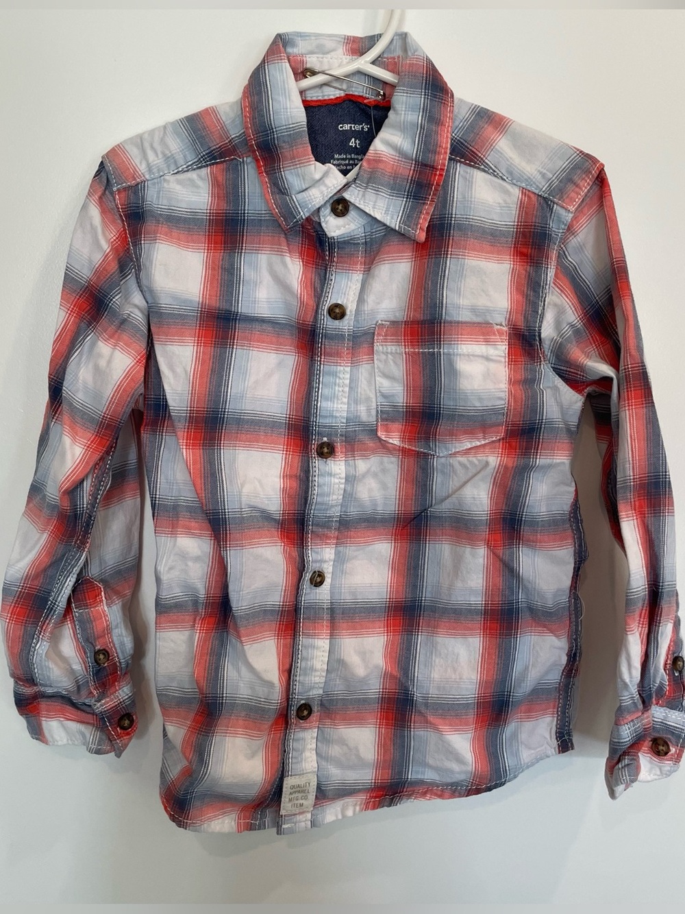 Carter's Boys 4T Plaid Long Sleeve Collared Button-Up 100% Cotton Shirt Red Blue